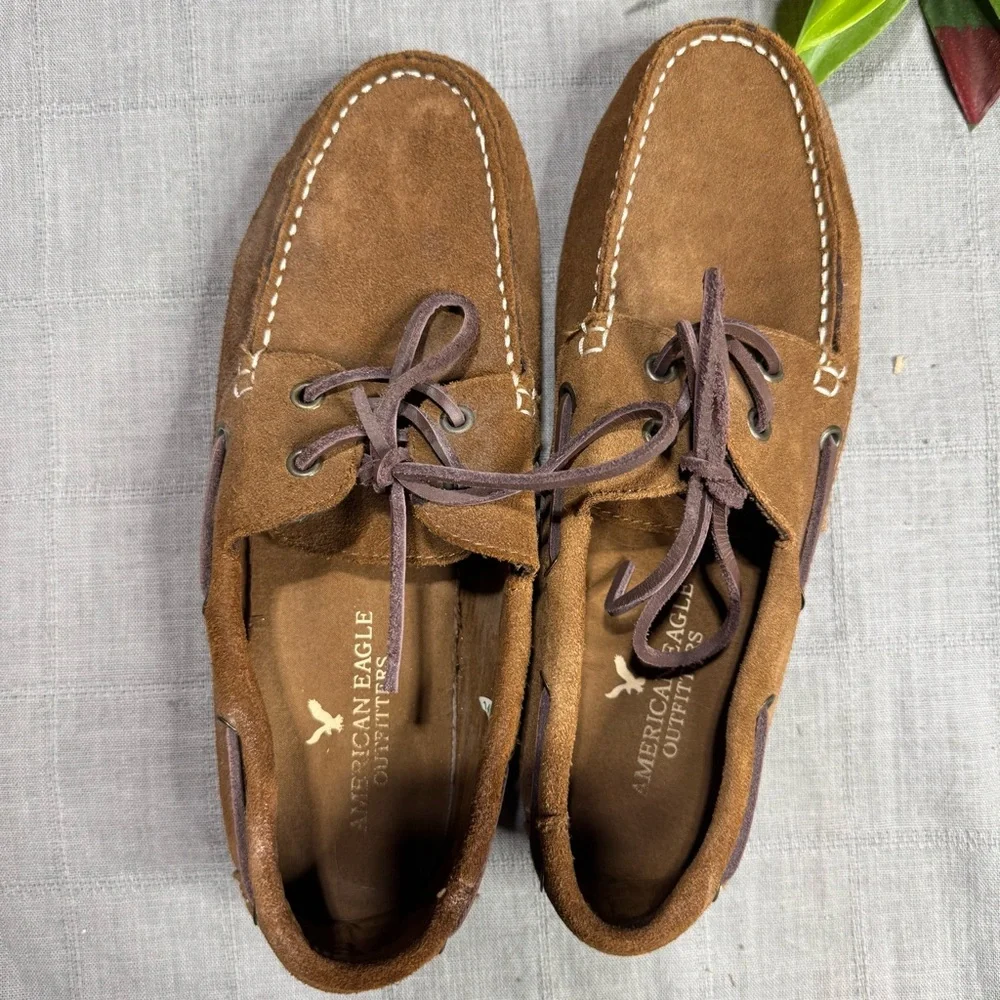American Eagle Men’s Suede Boat Shoes Brown Leather Lace Moc Toe Loafers Sz 8